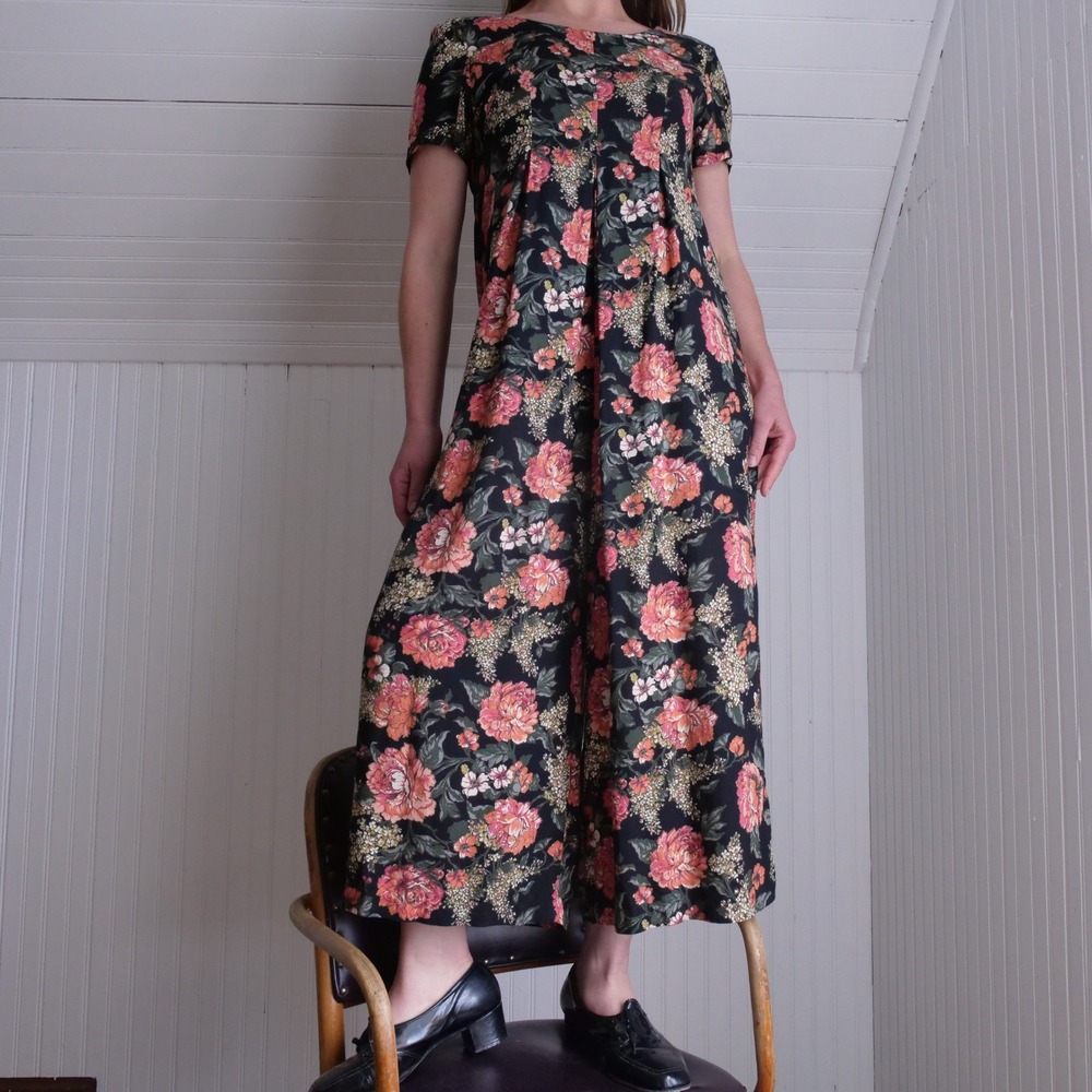 Vintage 90s Wrapper dark floral‎ rayon wide leg jumpsuit